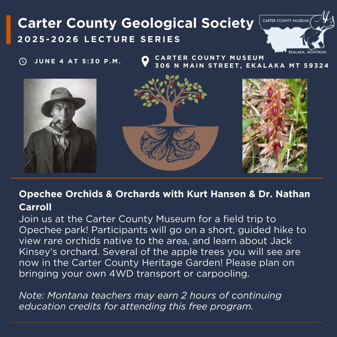 Carter County Geological Society Presents: Opechee Orchids & Orchards with Kurt Hansen & Dr. Nathan Carroll Join us at the Carter County Museum for a field trip to Opechee park! Participants will go on a short, guided hike to view rare orchids native to the area, and learn about Jack Kinsey’s orchard. Several of the apple trees you will see are now in the Carter County Heritage Garden! Meet at the museum at 5:30 p.m. Please plan on bringing your own 4WD transport or carpooling. Note: Montana teachers can earn 2 hours of continuing education credits for attending this free program.